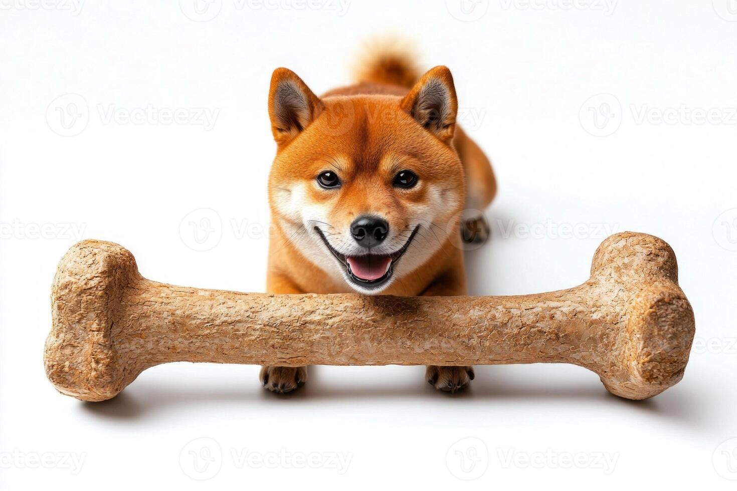 happy Shiba Inu is engaged in chewing on large bone. dog displays its content demeanor wide smile while resting on bright white surface highlighting its playful nature photo