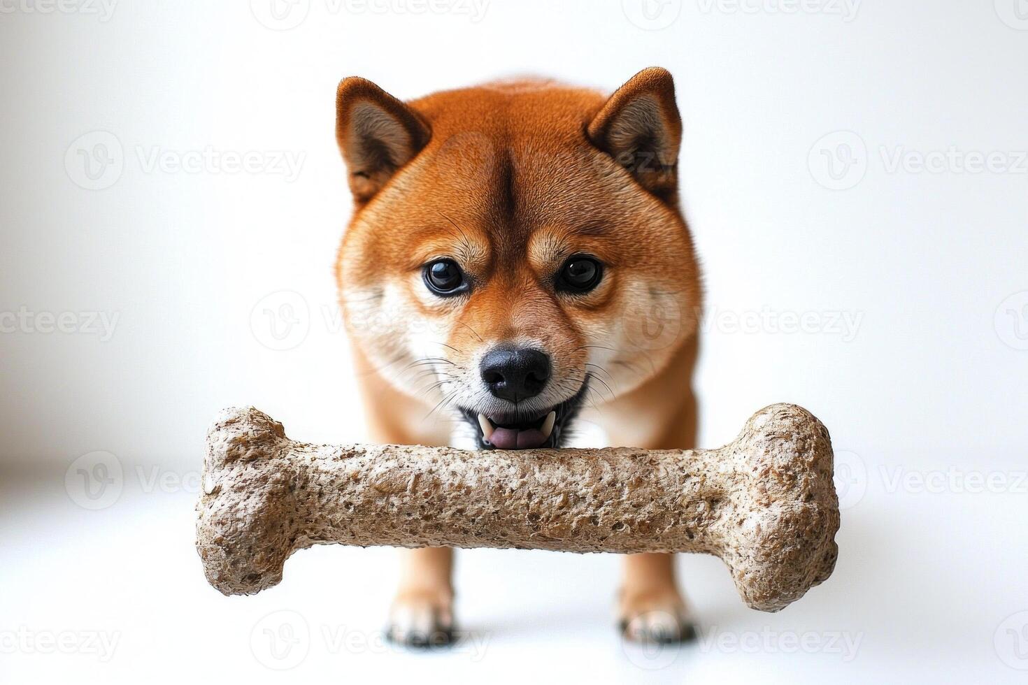 Shiba Inu is depicted energetically chewing on bone showcasing its playful personality. clean white background highlights dog's vibrant fur and focus on treat photo