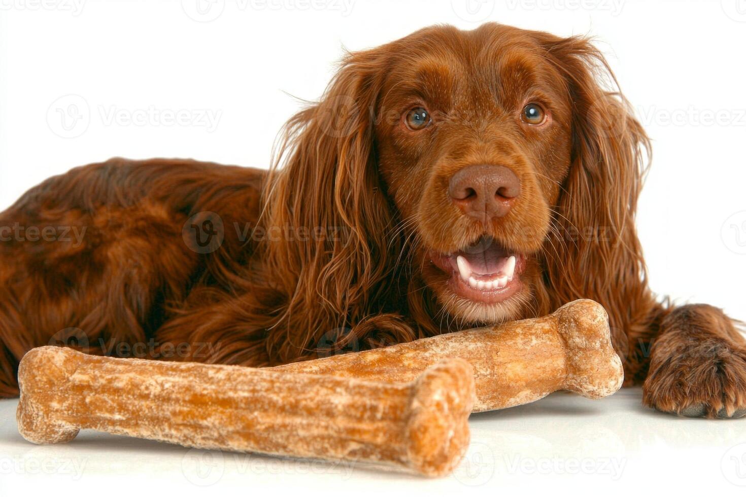 Sussex Spaniel is happily chewing on bone while sitting on pristine white background. dog's fur is rich and shiny reflecting its playful nature and joy while enjoying treat photo