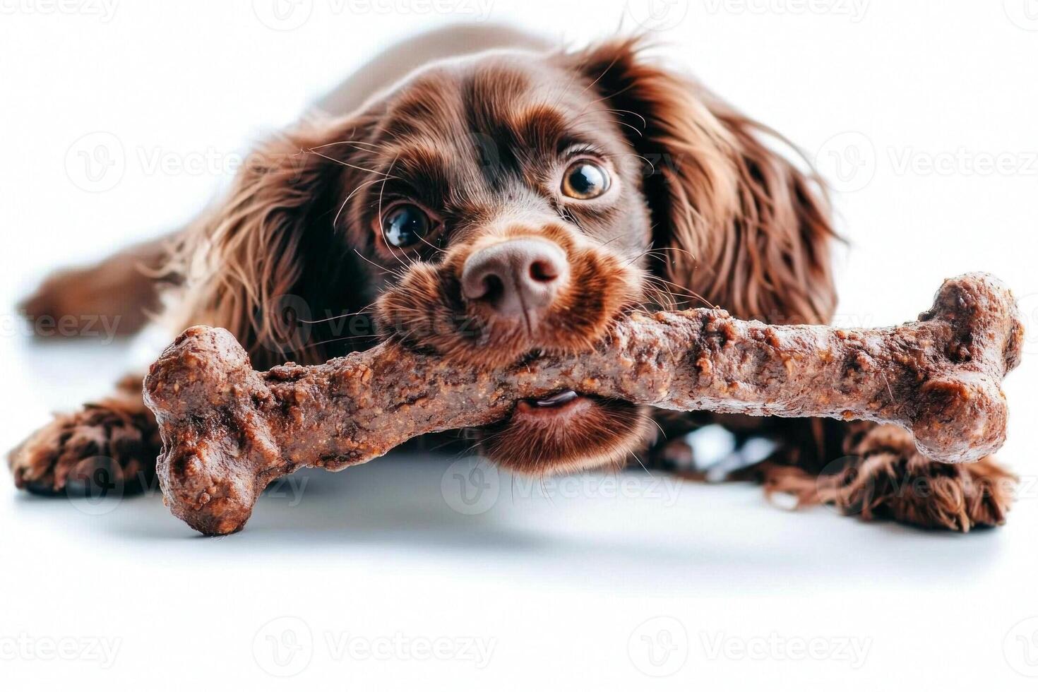 Sussex Spaniel is enjoying large bone showcasing its playful nature against clean white backdrop. dog appears content and engaged in its activity photo