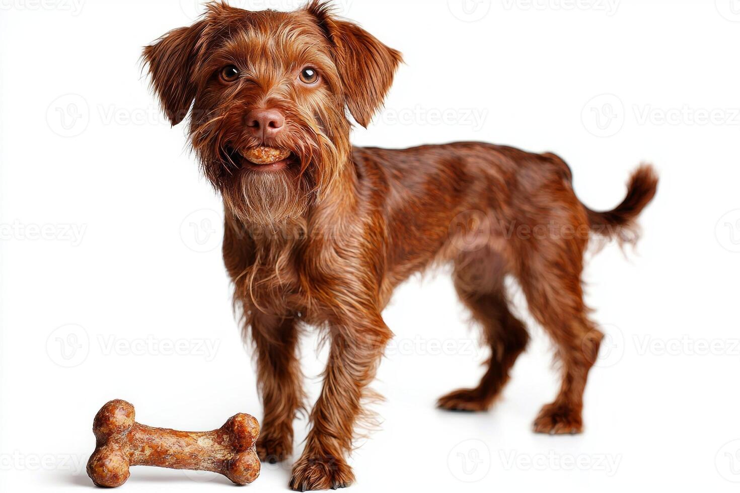 Wirehaired Pointing Griffon is seen chewing on bone against pristine white backdrop. dog's expression shows enjoyment in hyper realistic moment capturing its playful nature photo