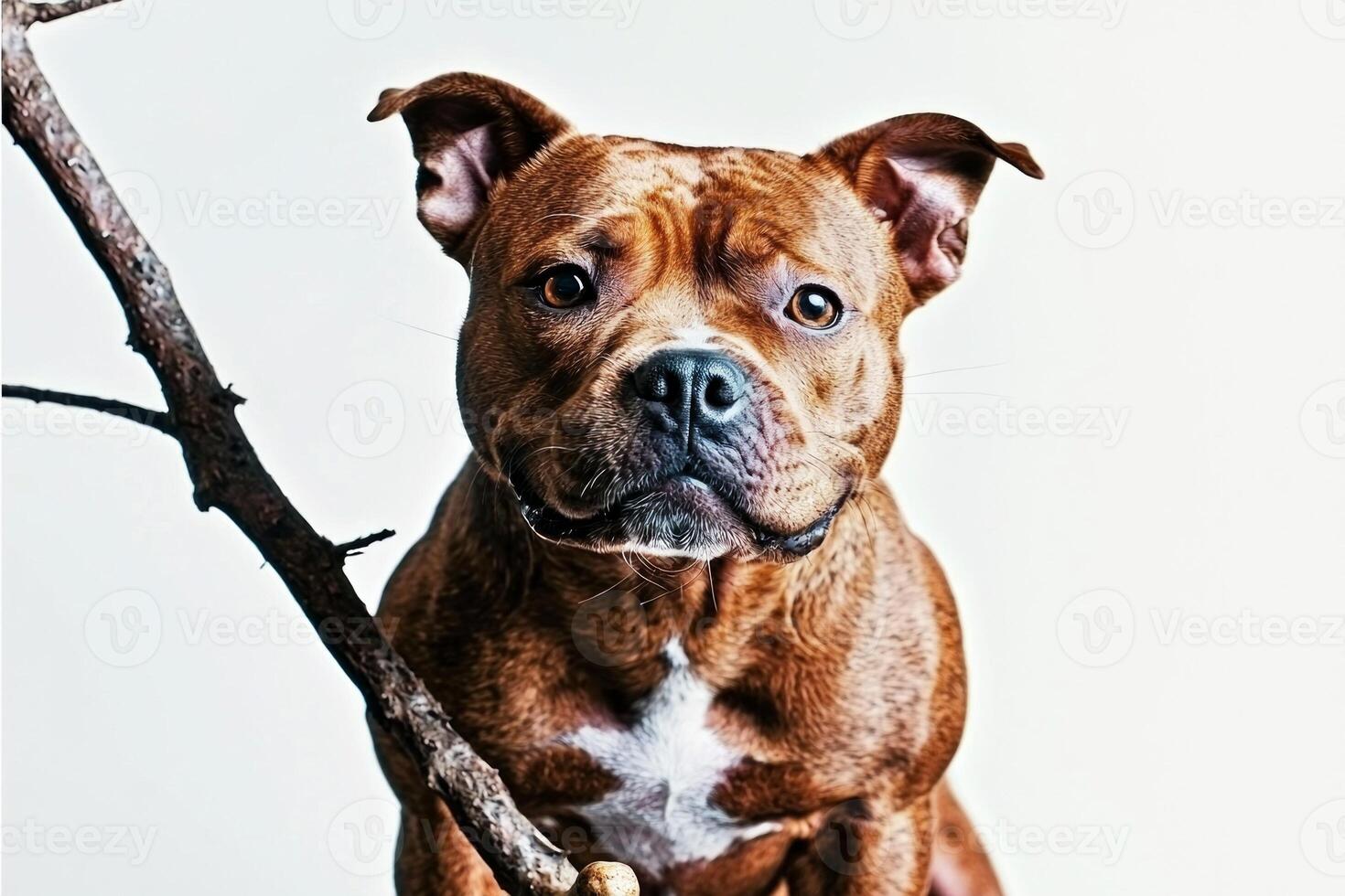 Staffordshire Bull Terrier enjoys chewing on bone showcasing its playful nature. clean white background enhances dog's distinct features and expressions photo