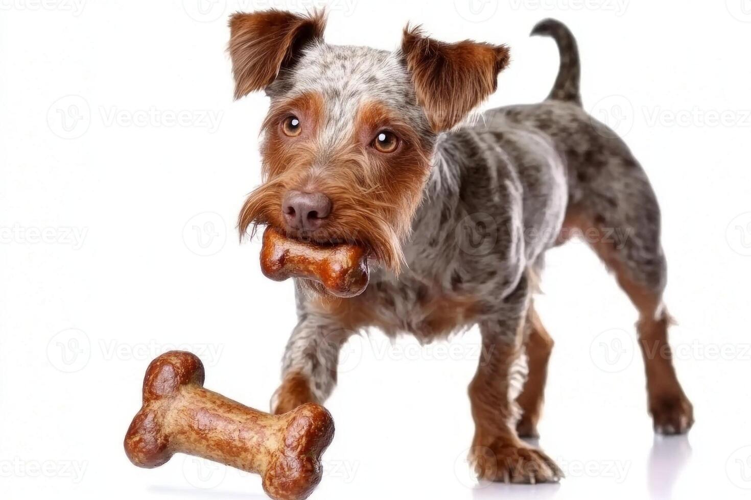 Wirehaired Pointing Griffon is happily chewing on bone while standing on clean white background. Its expression shows excitement and enjoyment photo