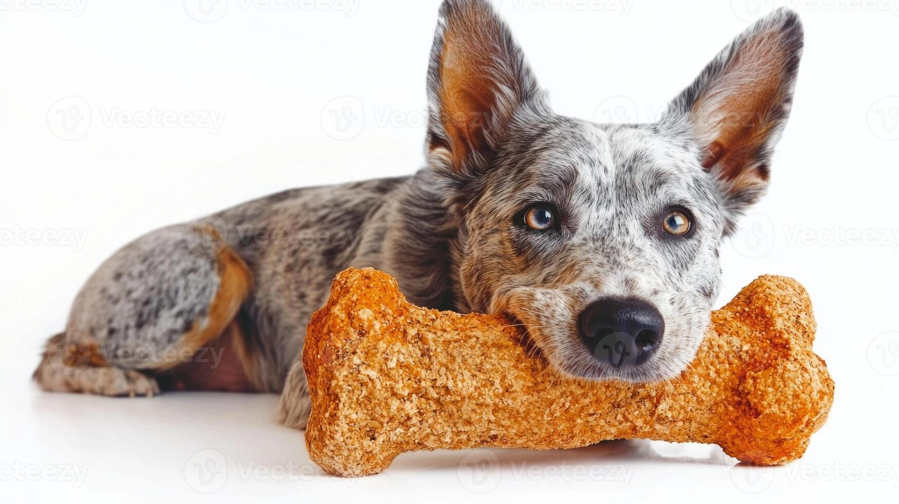 lively Australian Cattle Dog is happily chewing on large bone while resting on clean white surface. dog's playful demeanor and focus on bone create engaging moment full of joy photo