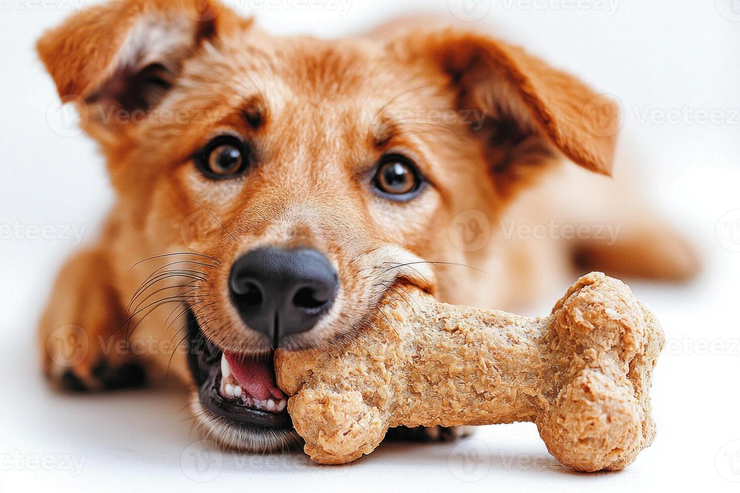 Anatolian Shepherd Dog engages in playful chewing of bone while lying on clean surface. joyful expression highlights dog's playful nature and charm photo