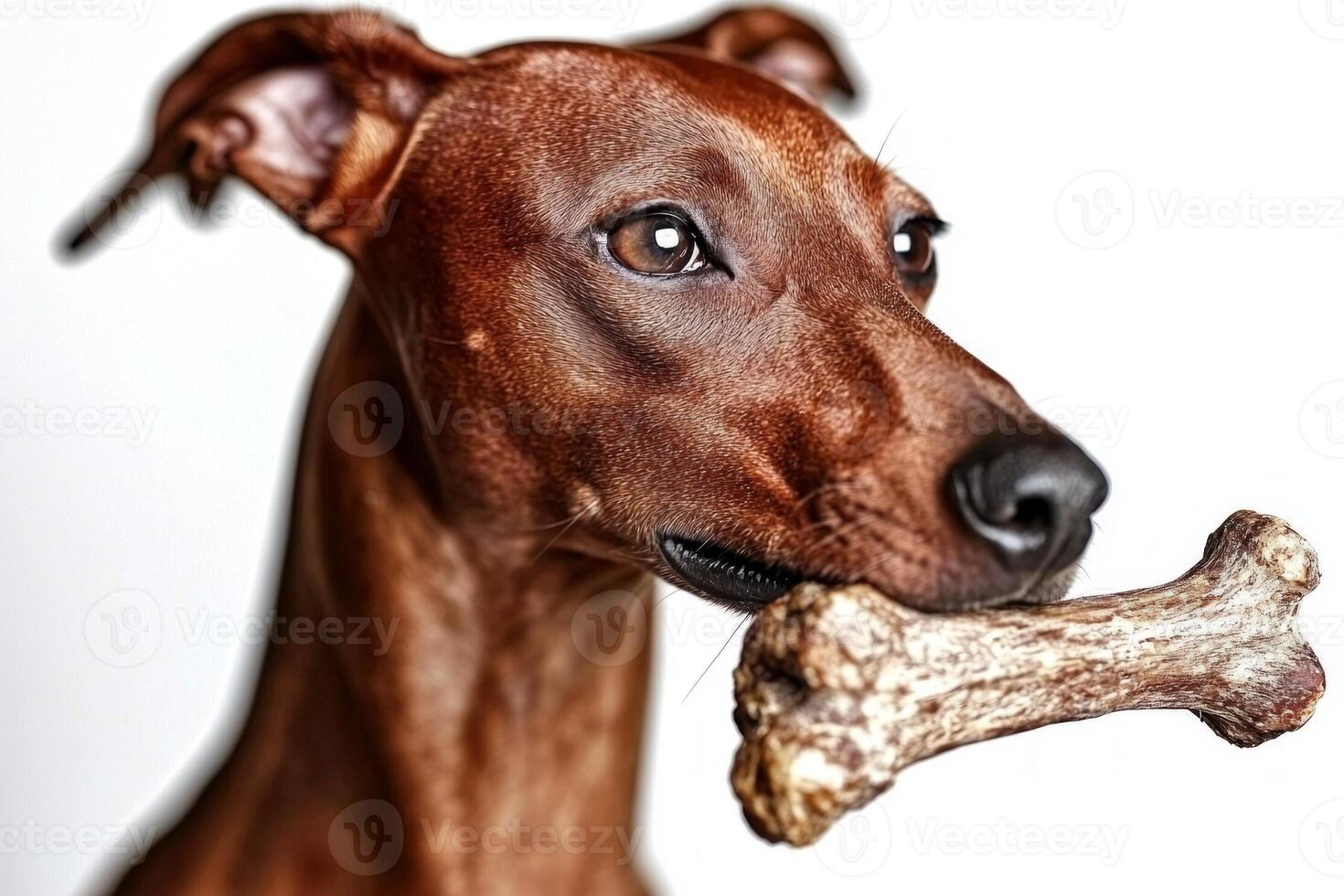 brown Azawakh is captured chewing on bone showcasing its intense gaze and clean features. backdrop highlights its elegant build and playful demeanor photo