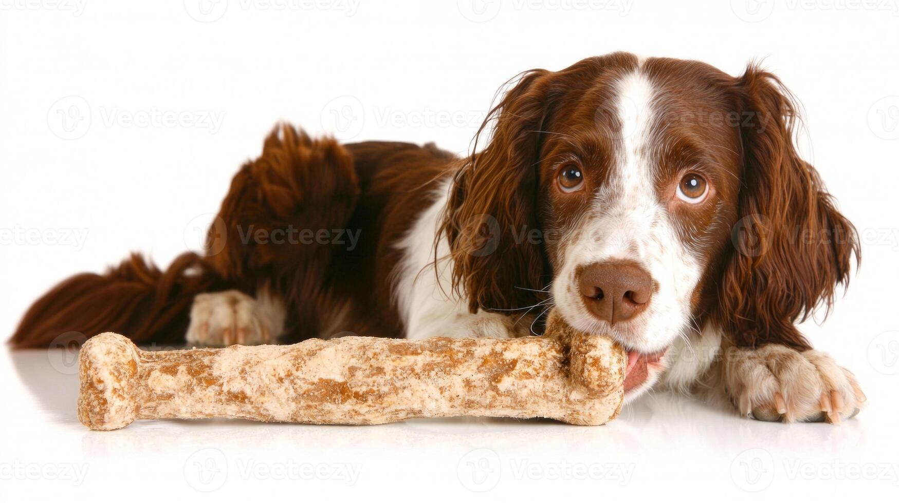 playful English Springer Spaniel chews on bone displaying its enthusiasm. dog sits comfortably on pristine white surface showcasing its joyful demeanor and glossy fur photo