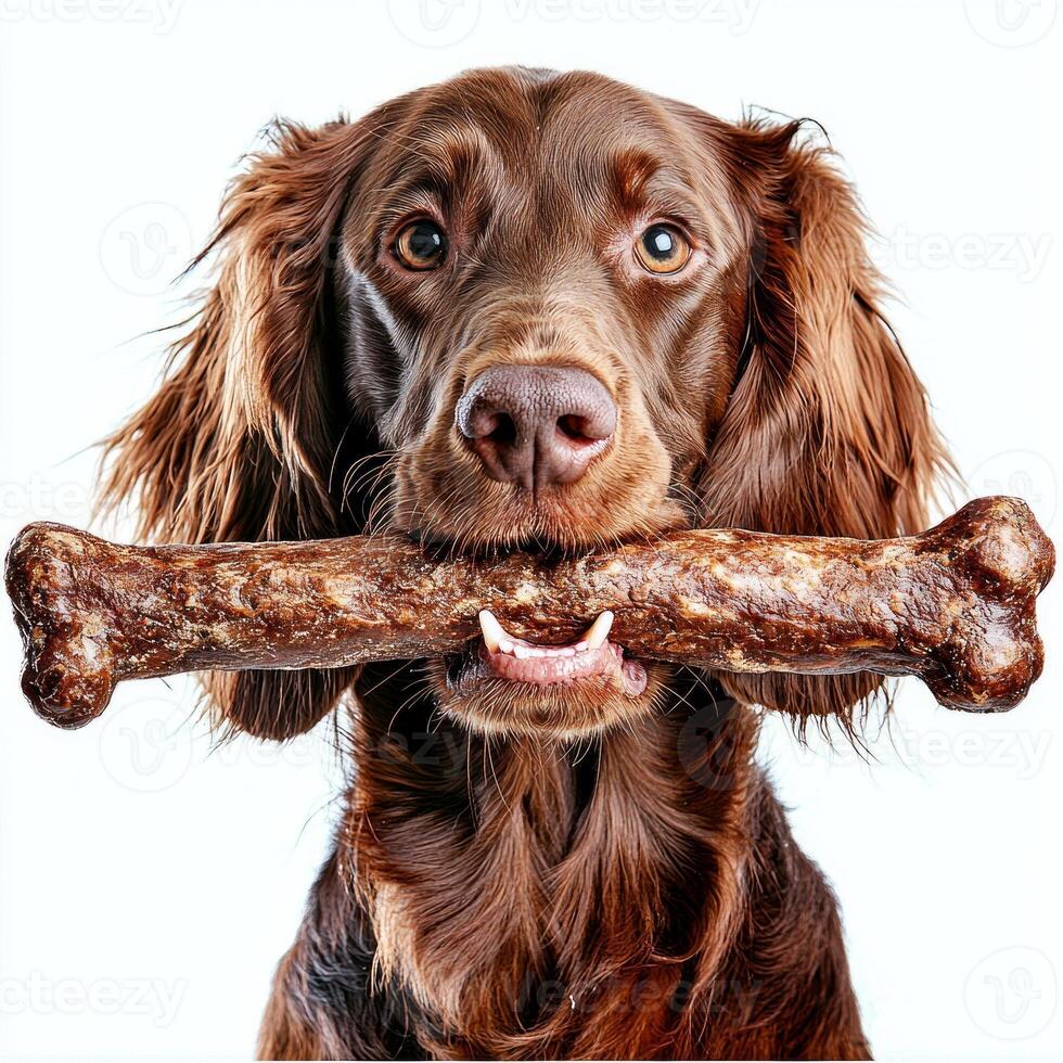 Irish Setter happily chews on large bone showcasing its shiny reddish brown fur and playful demeanor. clean white background enhances dog's features creating engaging visual photo