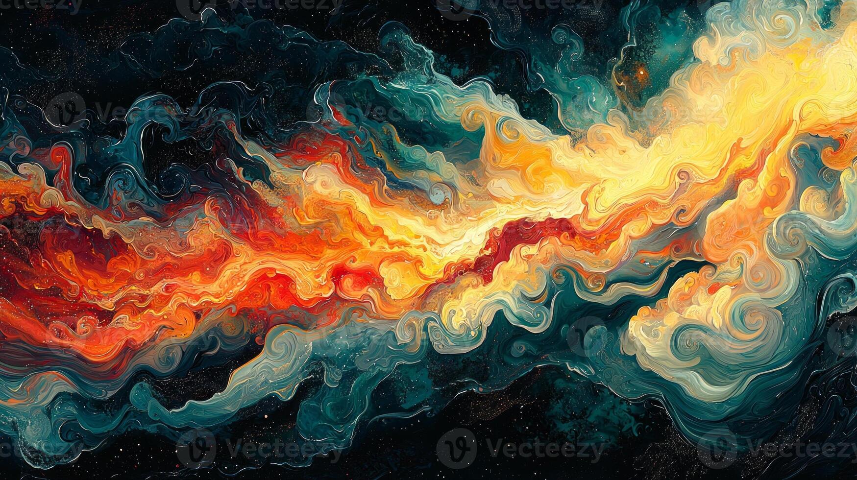 Headphones showcase surreal abstract design featuring fluid shapes in vibrant red yellow and blue tones. These headphones float in colorful dreamscape filled swirling paint clouds photo
