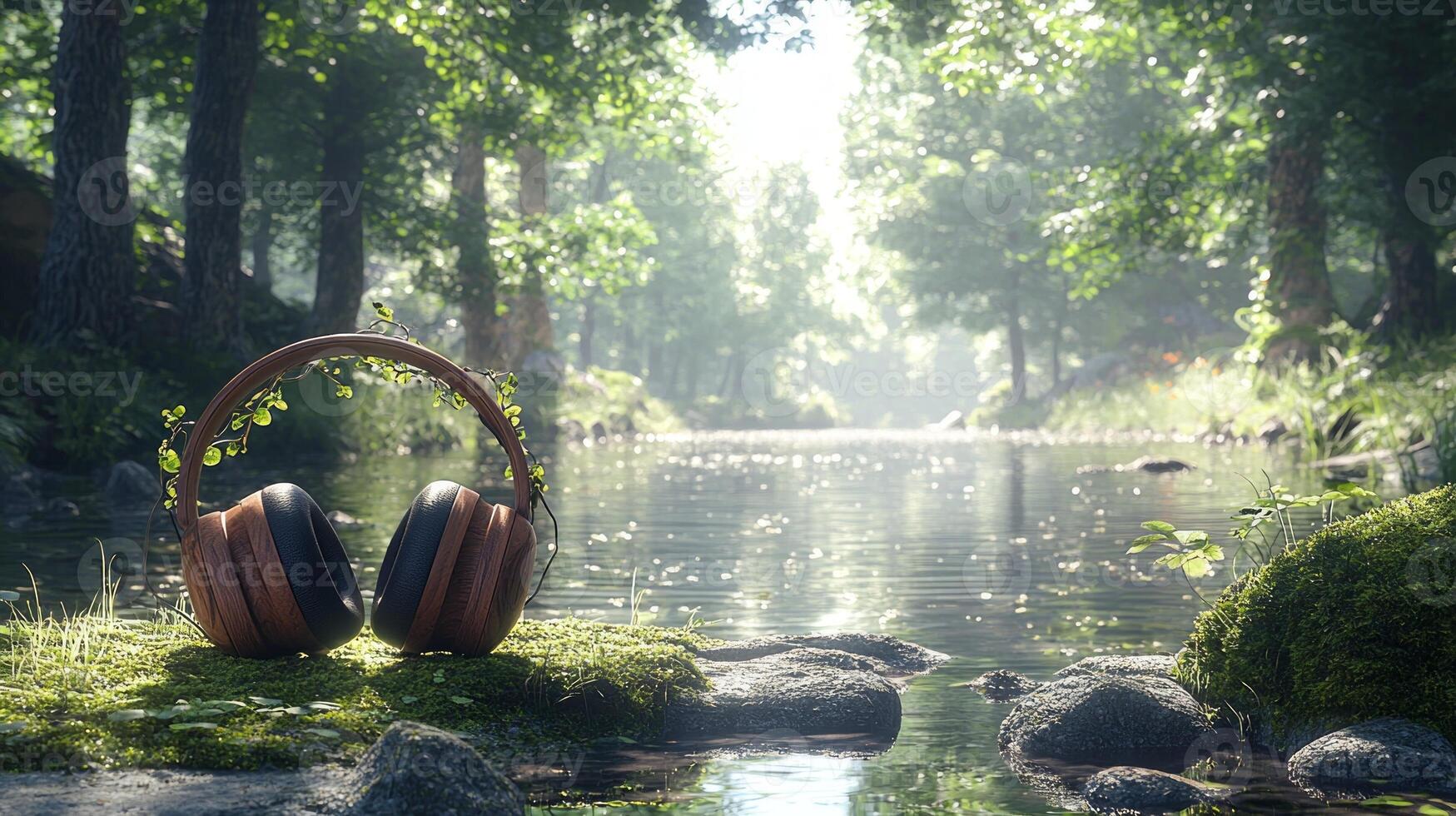 Headphones wooden ear cups and vine like headband rest on soft moss among rocks in serene forest illuminated soft sunlight filtering through leafy trees photo