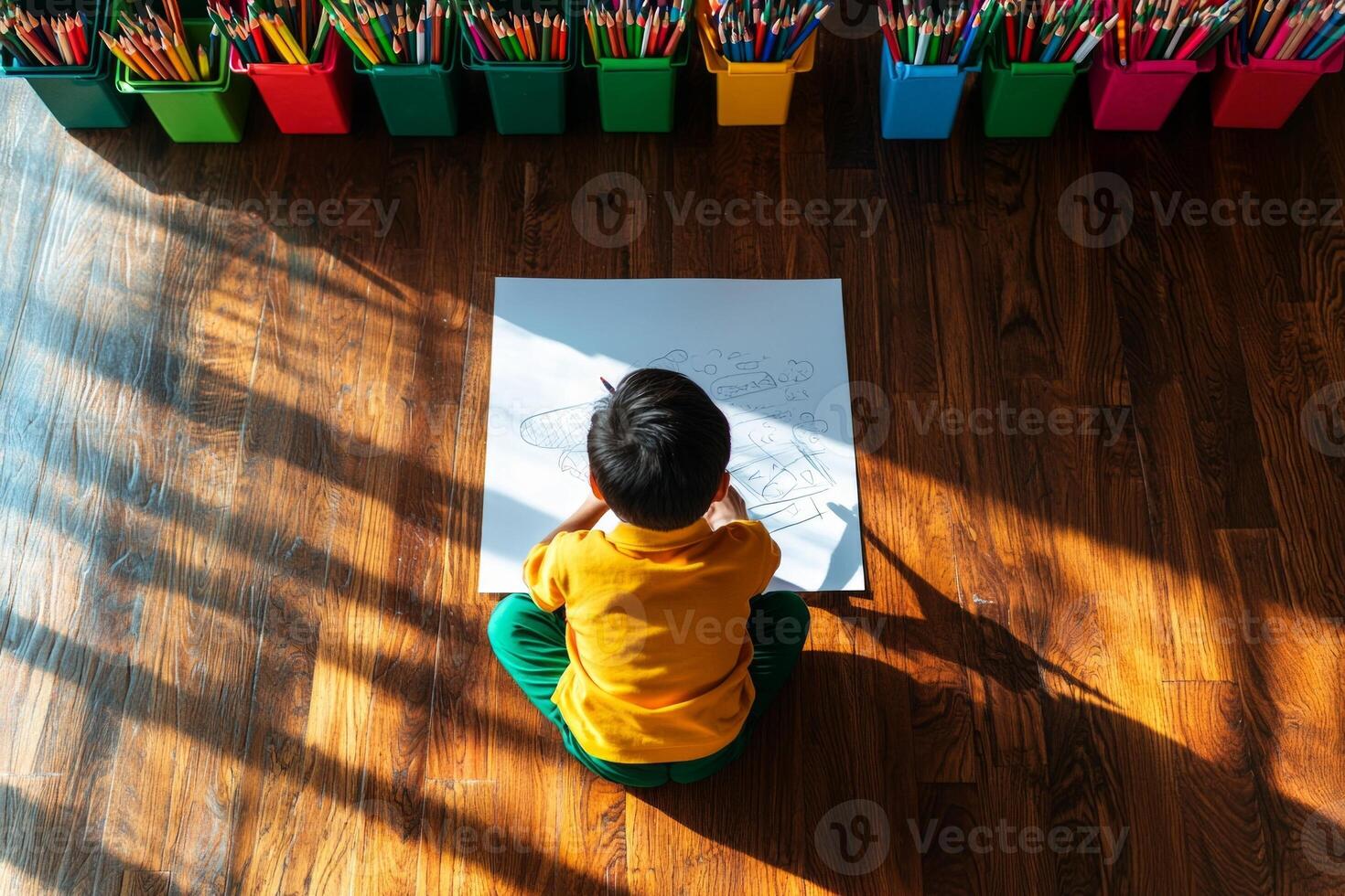 South Asian child is sitting cross legged on classroom floor focused on drawing crayons on large sheet of paper surrounded vibrant art supplies and natural light photo
