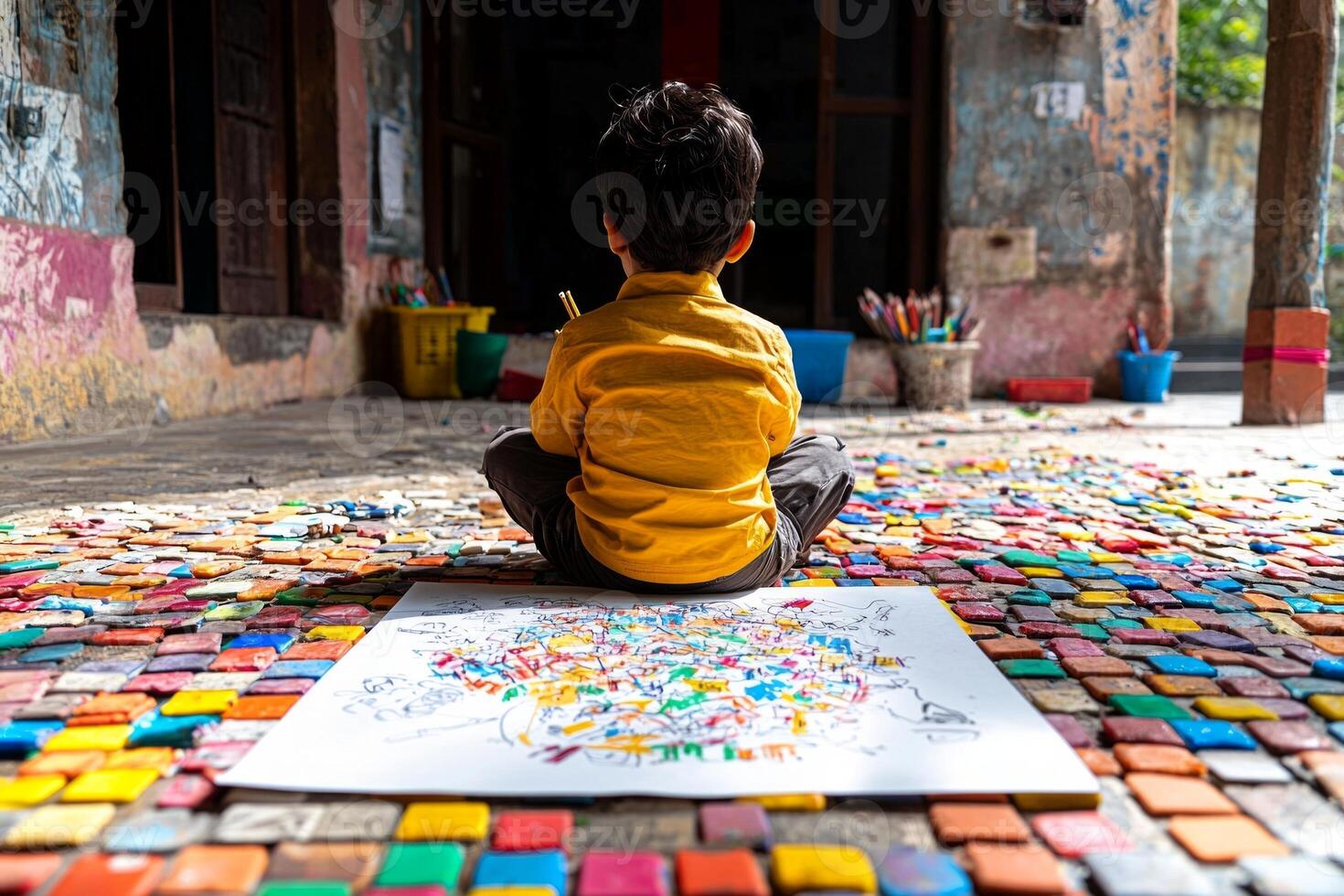 South Asian child sits cross legged on classroom floor deeply focused on drawing crayons on large paper. Colorful supplies surround them creating inviting atmosphere for creativity photo