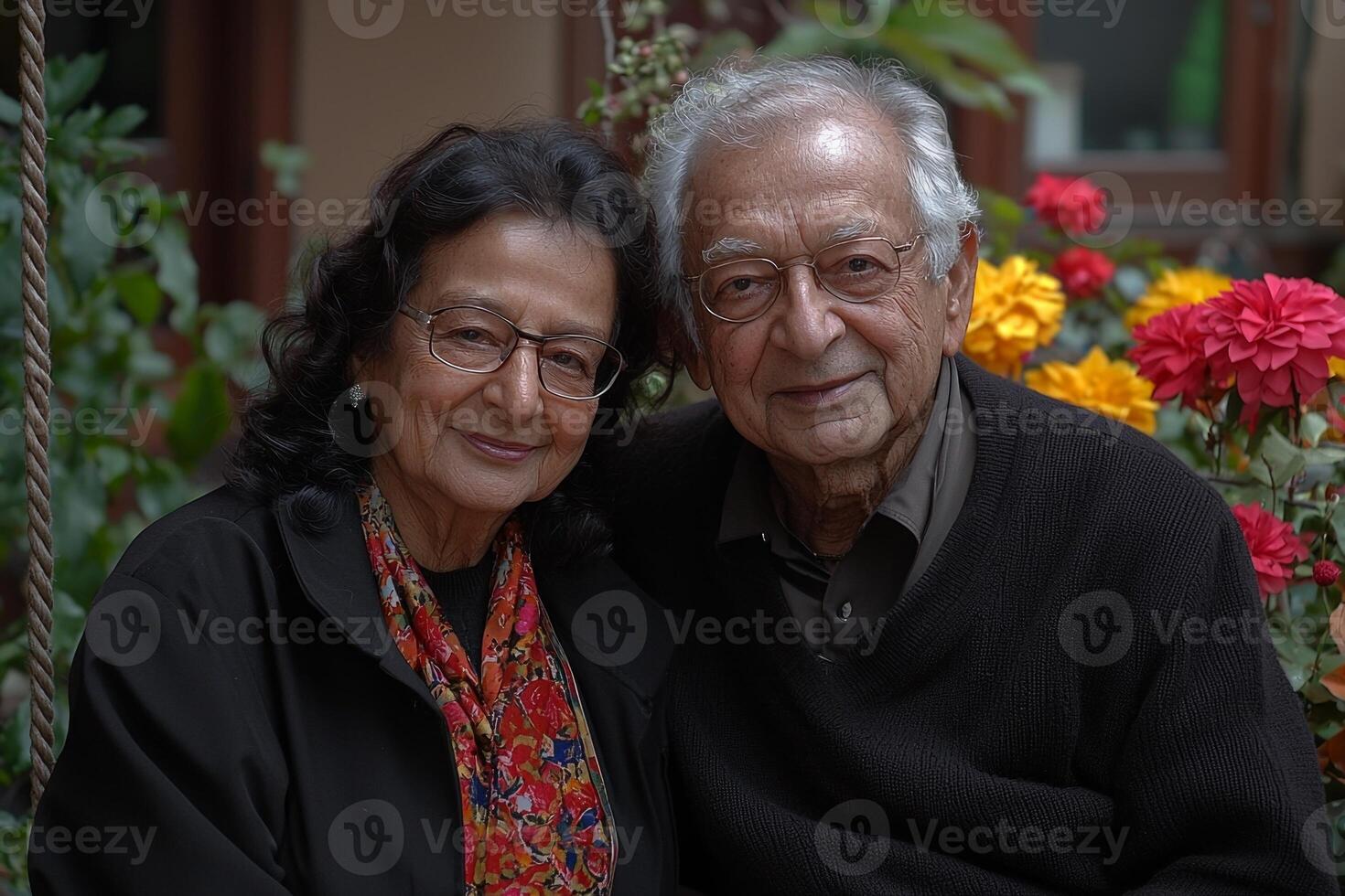 senior Indian couple sits together on garden swing smiling warmly while surrounded blooming flowers in soft golden light during late afternoon. Their joy reflects lifetime of love photo
