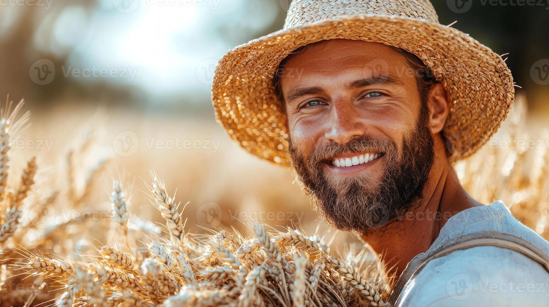 In golden wheat field filled sunlight Jesus Christ stands as farmer holding bundle of harvested grain and radiating sense of gratitude and abundance photo