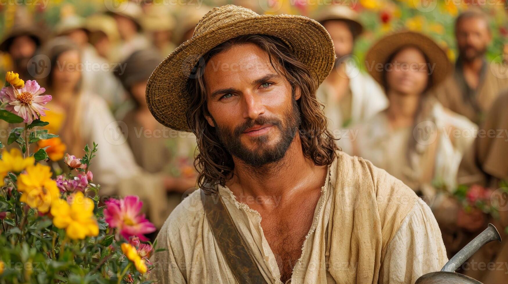 In peaceful garden filled colorful blooms Jesus Christ plants flowers care while wearing simple attire and straw hat. watering can rests nearby as he cultivates earth photo