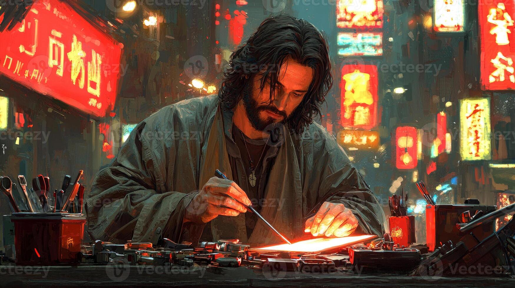 In well lit garage Jesus Christ wears mechanic jumpsuit his robe visible as he diligently works hood of car surrounded various tools and spare parts photo