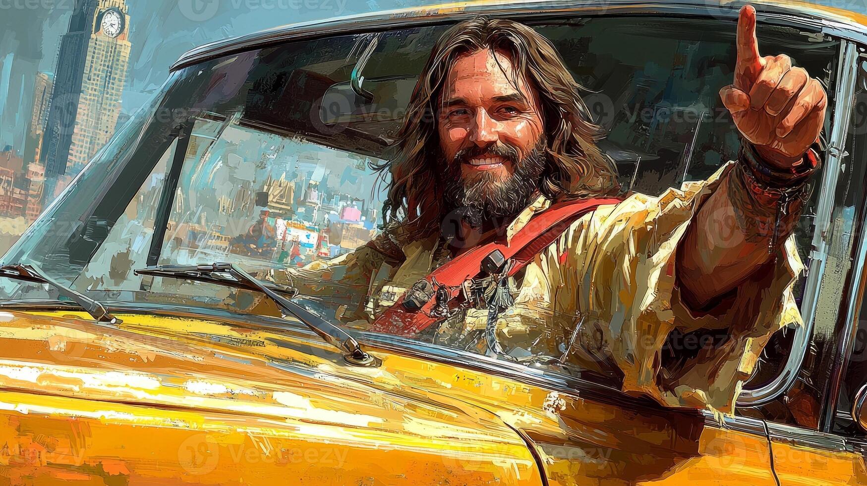 cheerful figure sits in driver's seat of vintage yellow cab smiling as he engages his passenger. vibrant skyline fills background depicting lively urban atmosphere photo