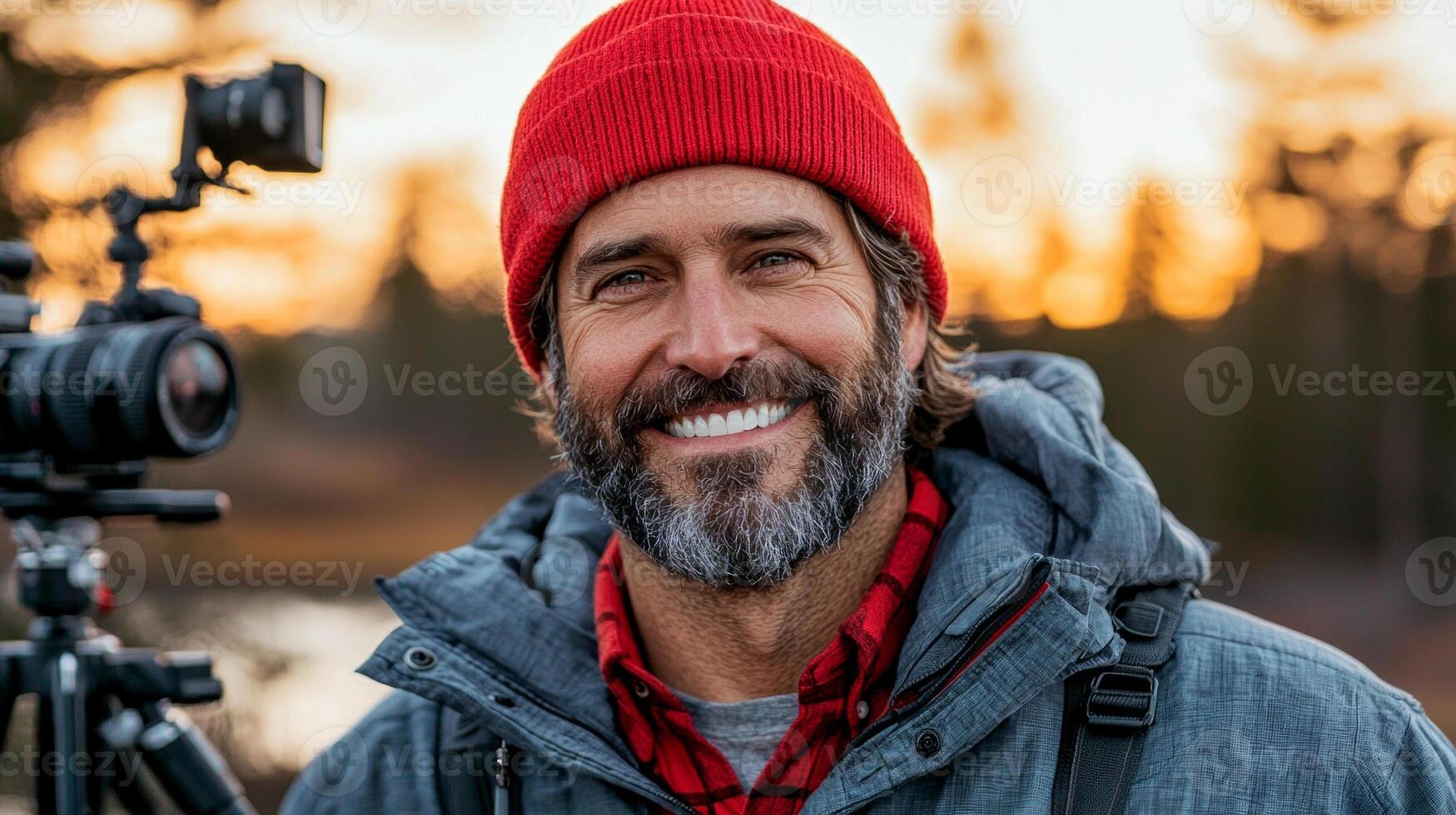 In vibrant sunset setting Jesus Christ enjoys art of photography expertly handling camera while surrounded tripods and lenses embracing beauty of nature photo