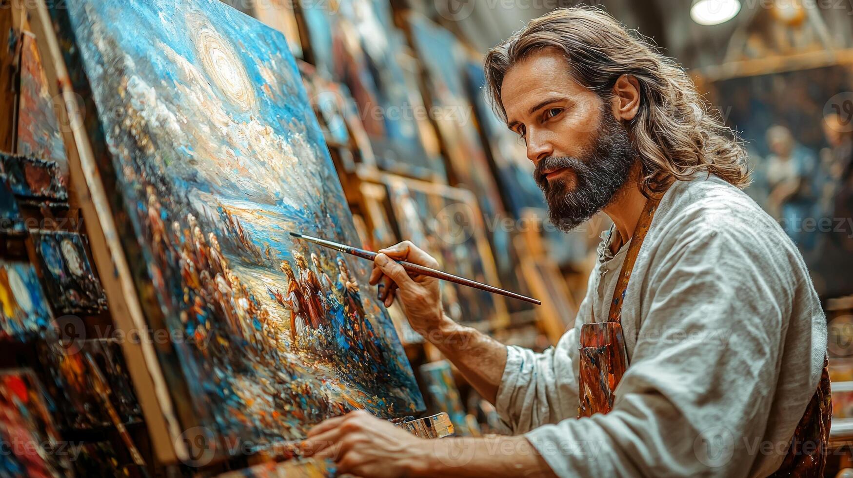 In lively studio Jesus Christ paints stunning landscape on canvas surrounded colorful palettes and brushes as completed artworks adorn walls showcasing creativity and passion photo
