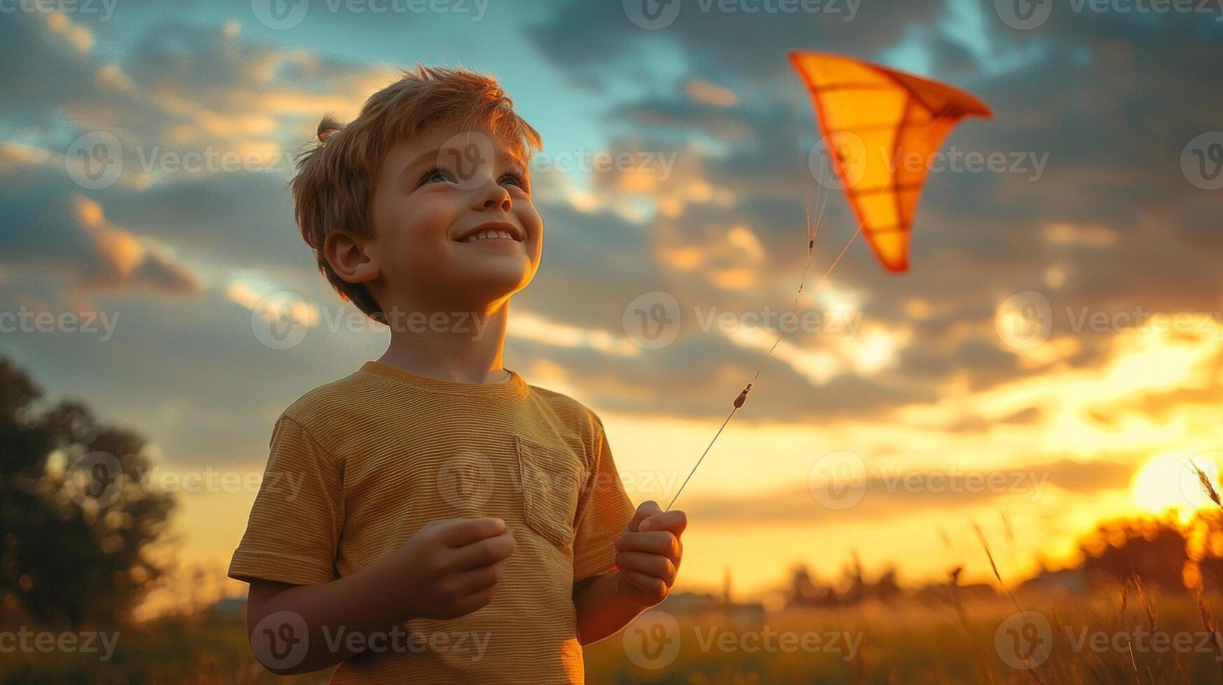 cheerful Caucasian boy stands in field holding string of brightly colored kite. sunset casts warm golden light enhancing joy of flying kite clear blue sky photo