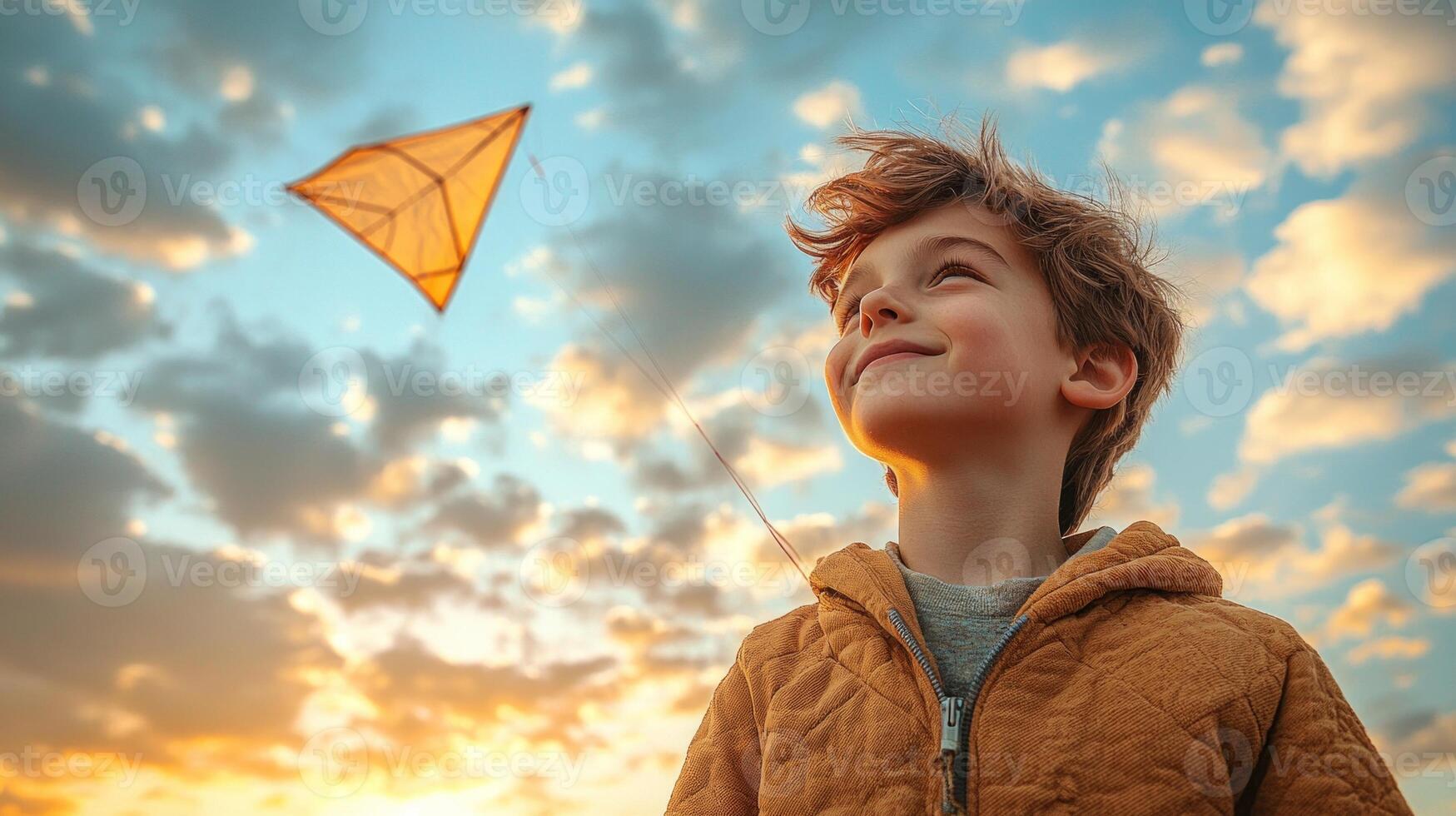 young boy beams joy as he holds string colorful kite soaring high above. warm afternoon light highlights clouds and his excitement in beautiful setting photo