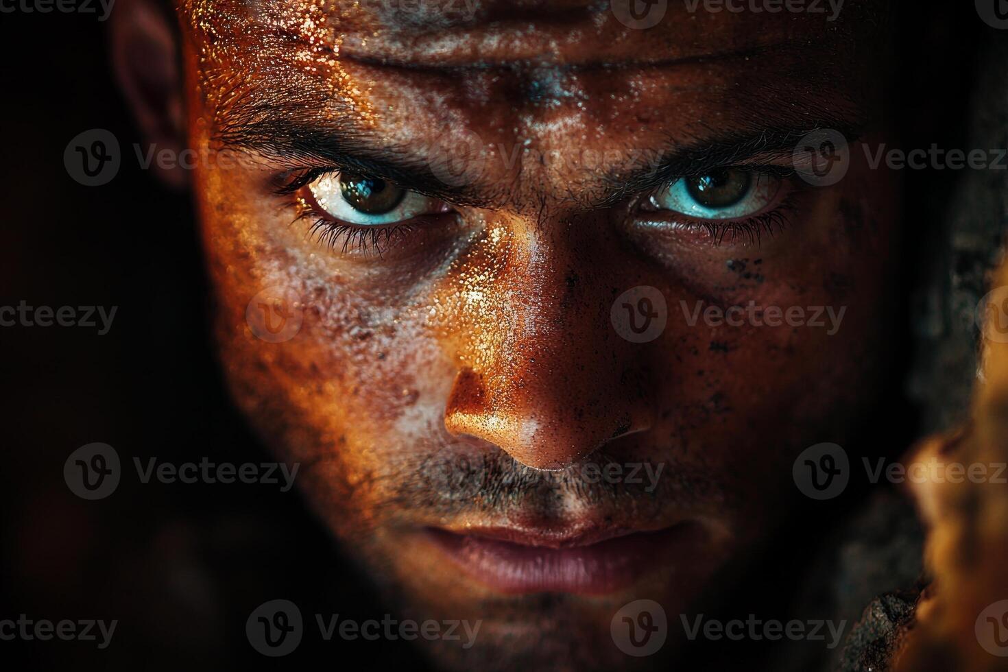 determined Native American rock climber prosthetic arm ascends vertical rock face bathed in warm hues of sunset creating striking shadows and highlights on rugged terrain photo
