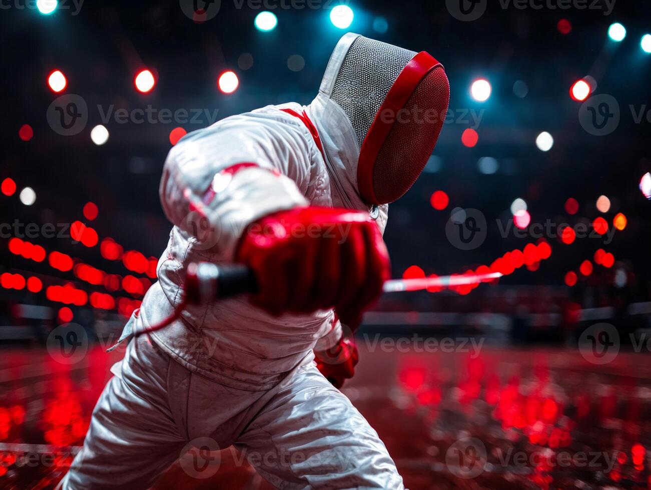 bright arena bursts light as Caucasian fencer lunges forward determination. fencer wears leg prosthetic demonstrating skill during high stakes match photo