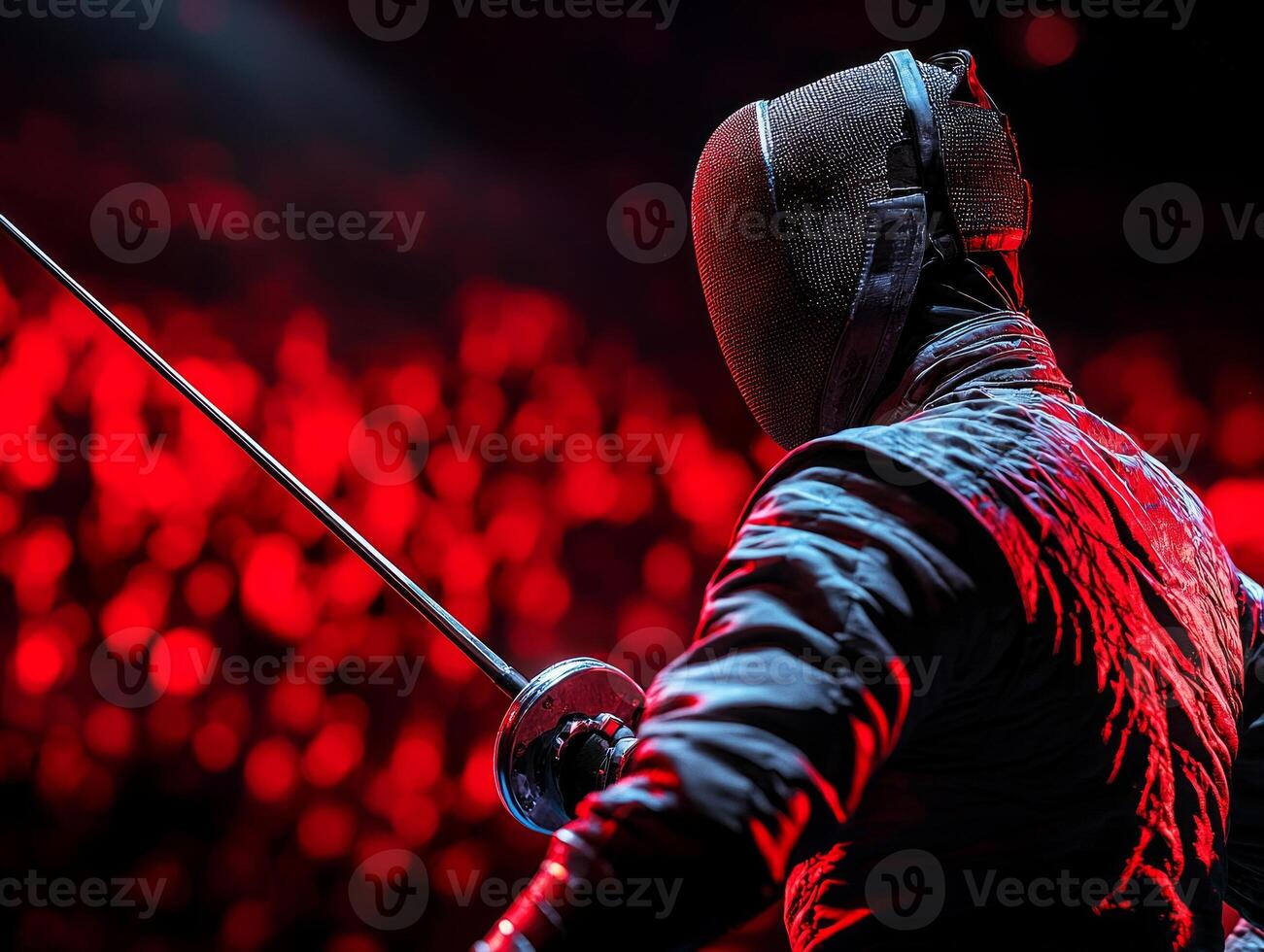 fencer prosthetic leg lunges dynamically during match in vibrant arena illuminated striking dramatic lighting emphasizes moment photo