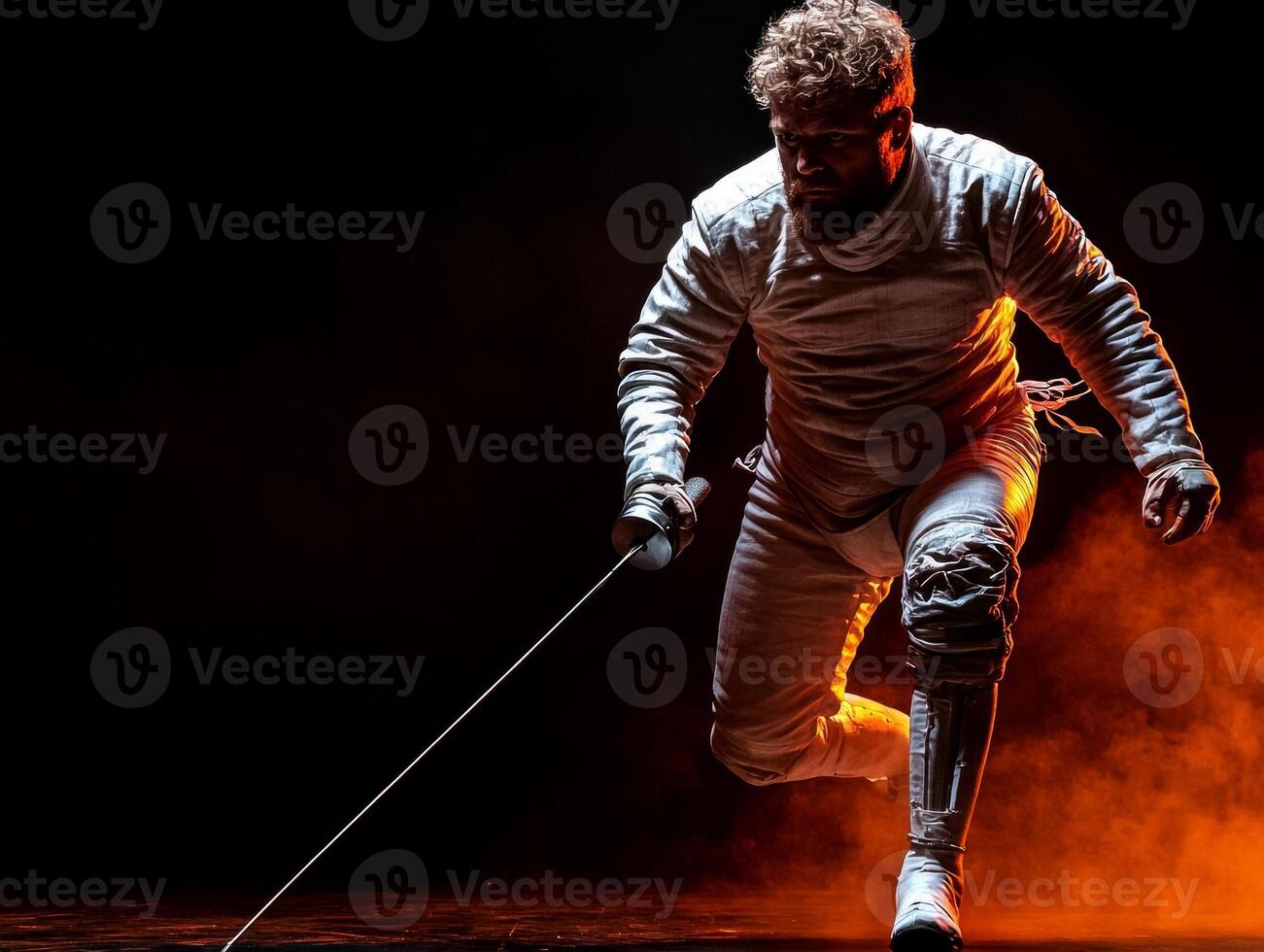 skilled fencer lunges dramatically in competitive match showcasing agility and determination. powerful arena lighting emphasizes intensity of moment photo