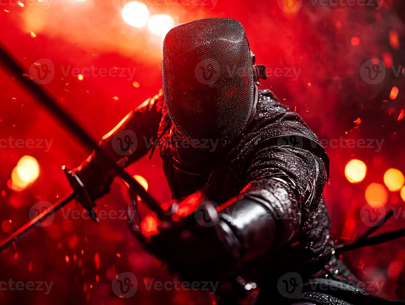skilled fencer prosthetic limb lunges powerfully during thrilling match bright arena lights showcasing determination and athleticism in every move photo