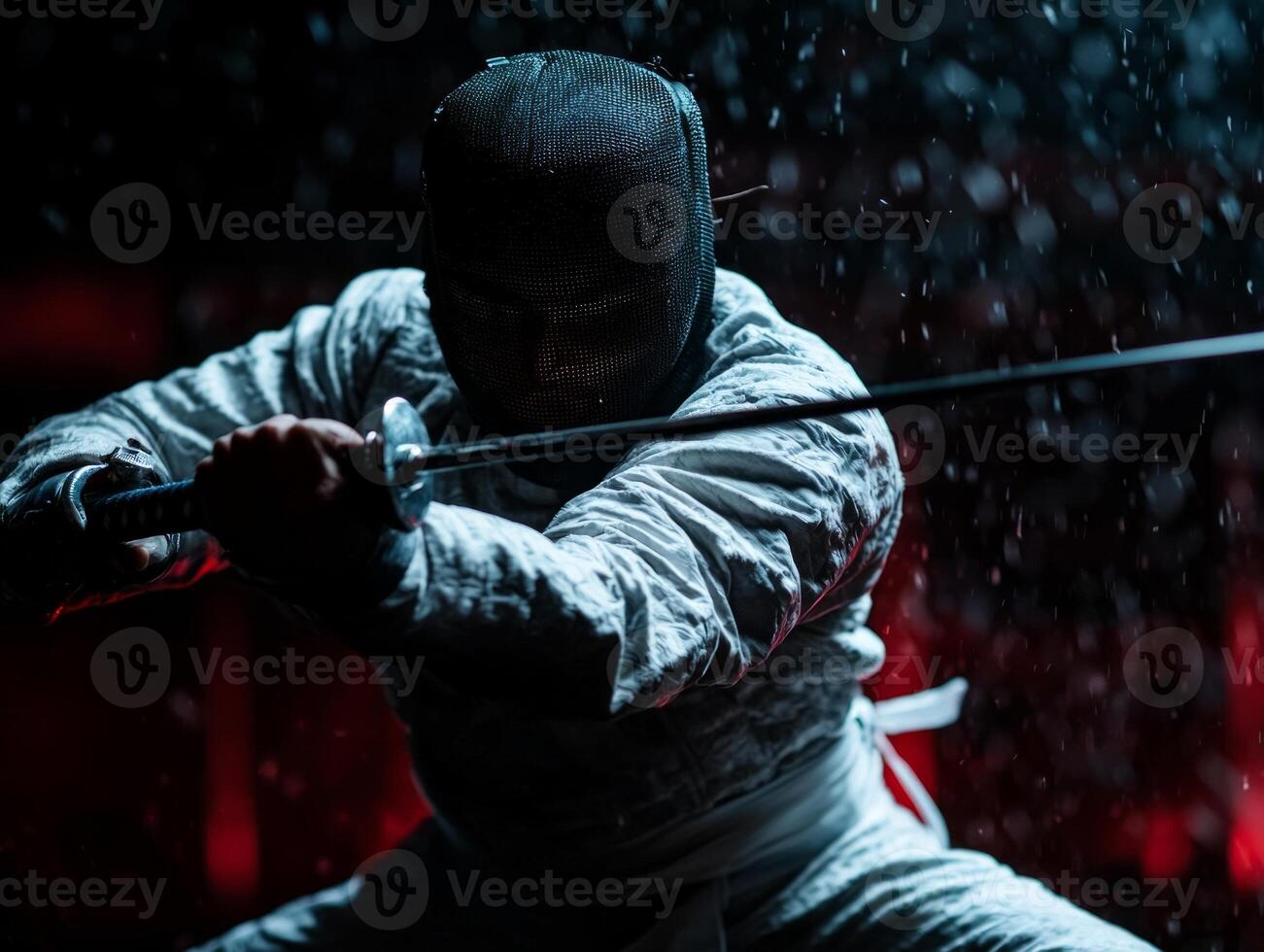 skilled fencer prosthetic leg lunges aggressively during competition. dramatic lighting creates intense atmosphere emphasizing action and determination involved in sport photo