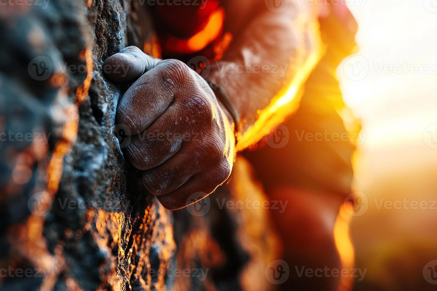 Climber focuses intently on challenging rock wall showcasing determination and strength. warm glow of setting sun highlights climber's prosthetic hand and glistening sweat photo