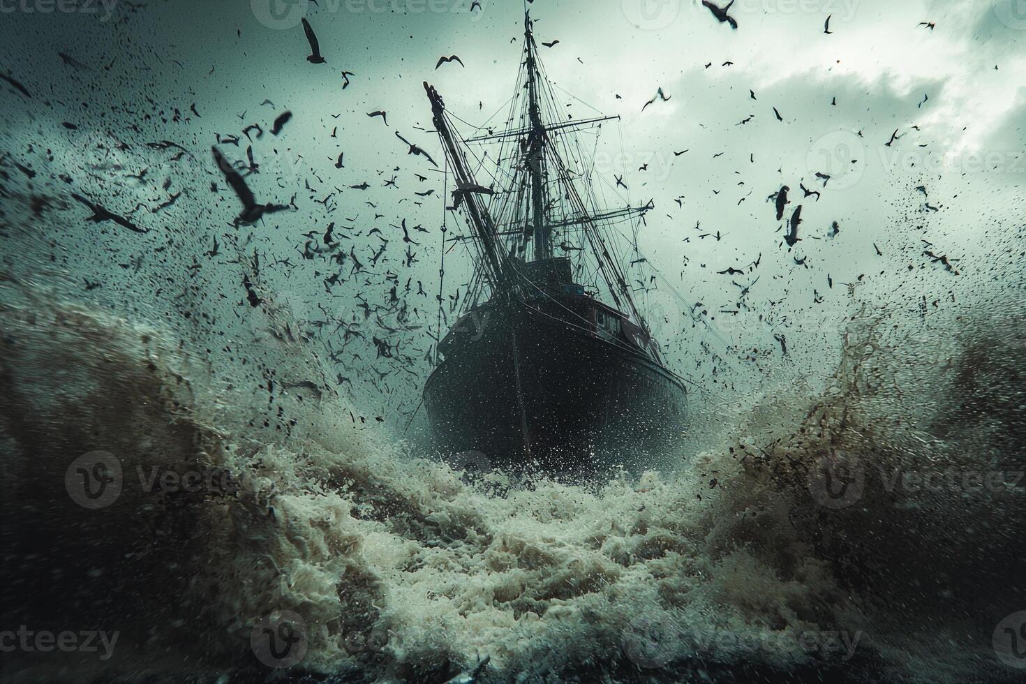 fishing boat is tossed powerful waves amidst tumultuous ocean as rain pours down creating chaotic atmosphere dark ominous clouds overhead photo