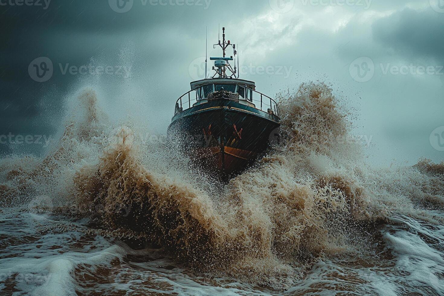 fishing boat faces tumultuous waves tossing violently as dark clouds loom overhead. Rain and sea spray create chaotic atmosphere filled intensity and drama photo