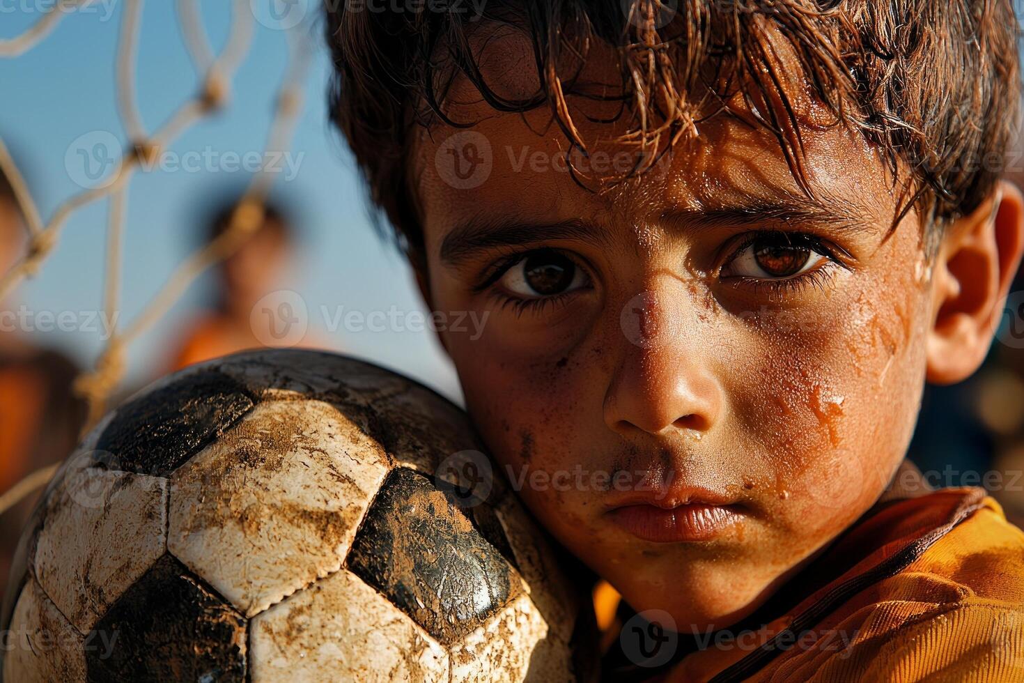 Middle Eastern boy stands confidently holding soccer ball beside goalpost. soft evening light captures his determination and focus as he gazes viewer photo