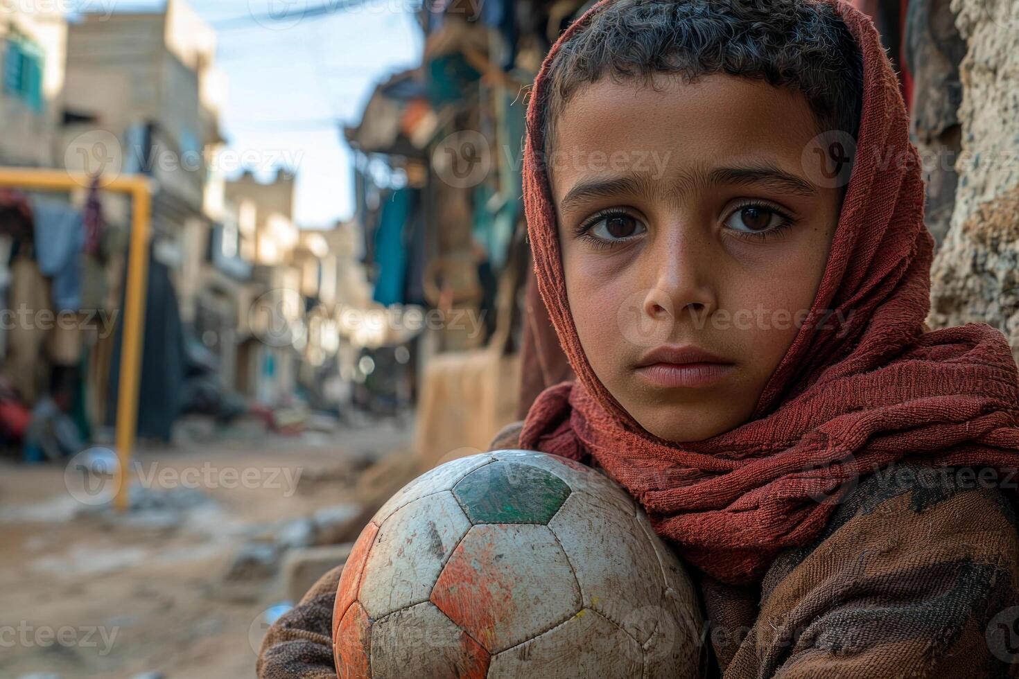 Middle Eastern boy stands confidently soccer ball gazing camera as evening light enhances scene. goalpost is seen in background of urban setting photo