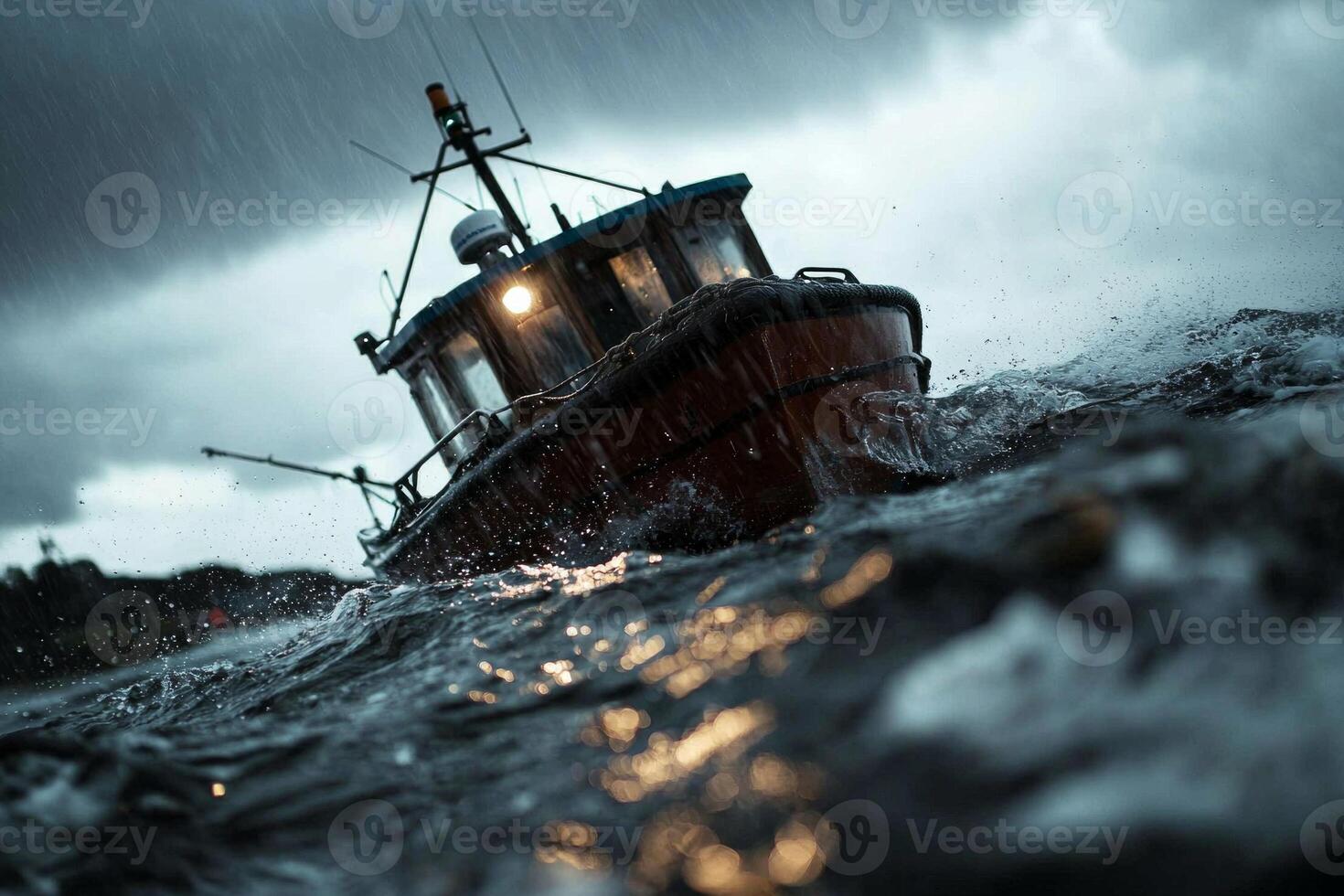fishing boat is tossed massive waves as rain and sea spray surround it. Dark clouds loom overhead highlighting intense struggle against turbulent ocean photo
