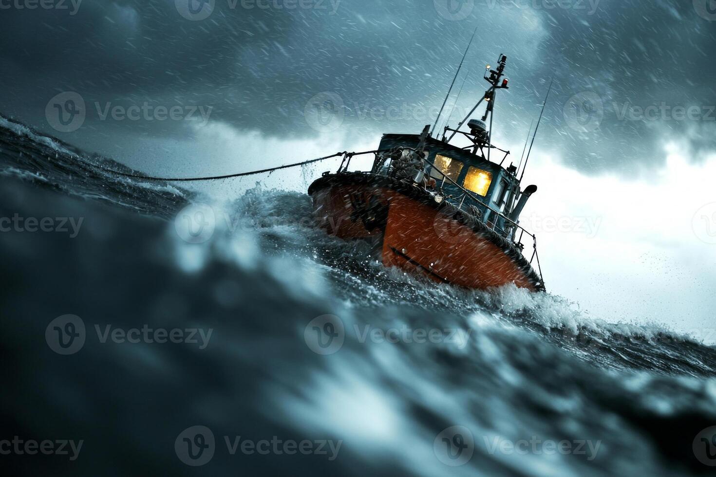 fishing boat struggles against towering waves while rain and sea spray surround it. Ominous clouds loom overhead creating dramatic and chaotic atmosphere photo
