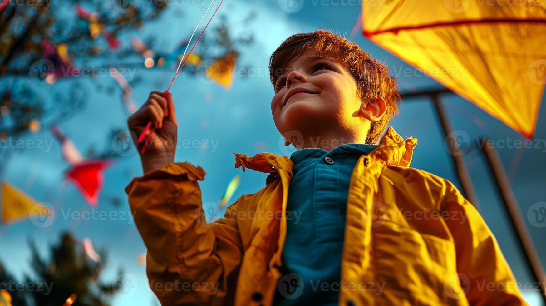 joyful boy stands in warm afternoon glow holding string of brightly colored kite soaring high in clear blue sky. low angle view captures his cheerful expression photo