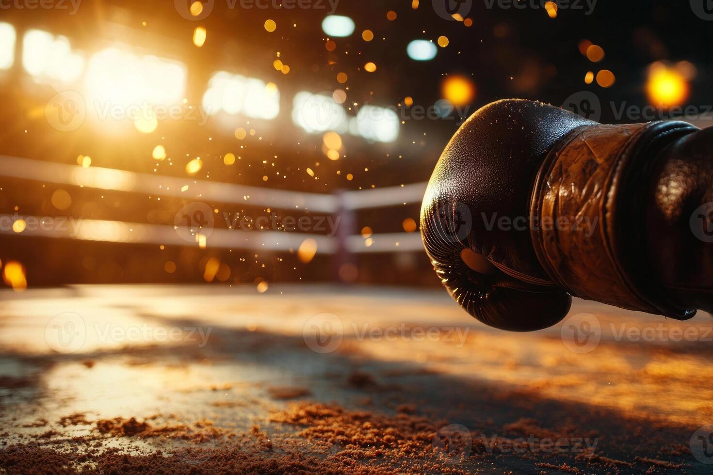 low angle shot captures empty boxing ring dawn. Warm sunlight beams through open doors enhancing serene yet gritty atmosphere filled floating dust particles photo