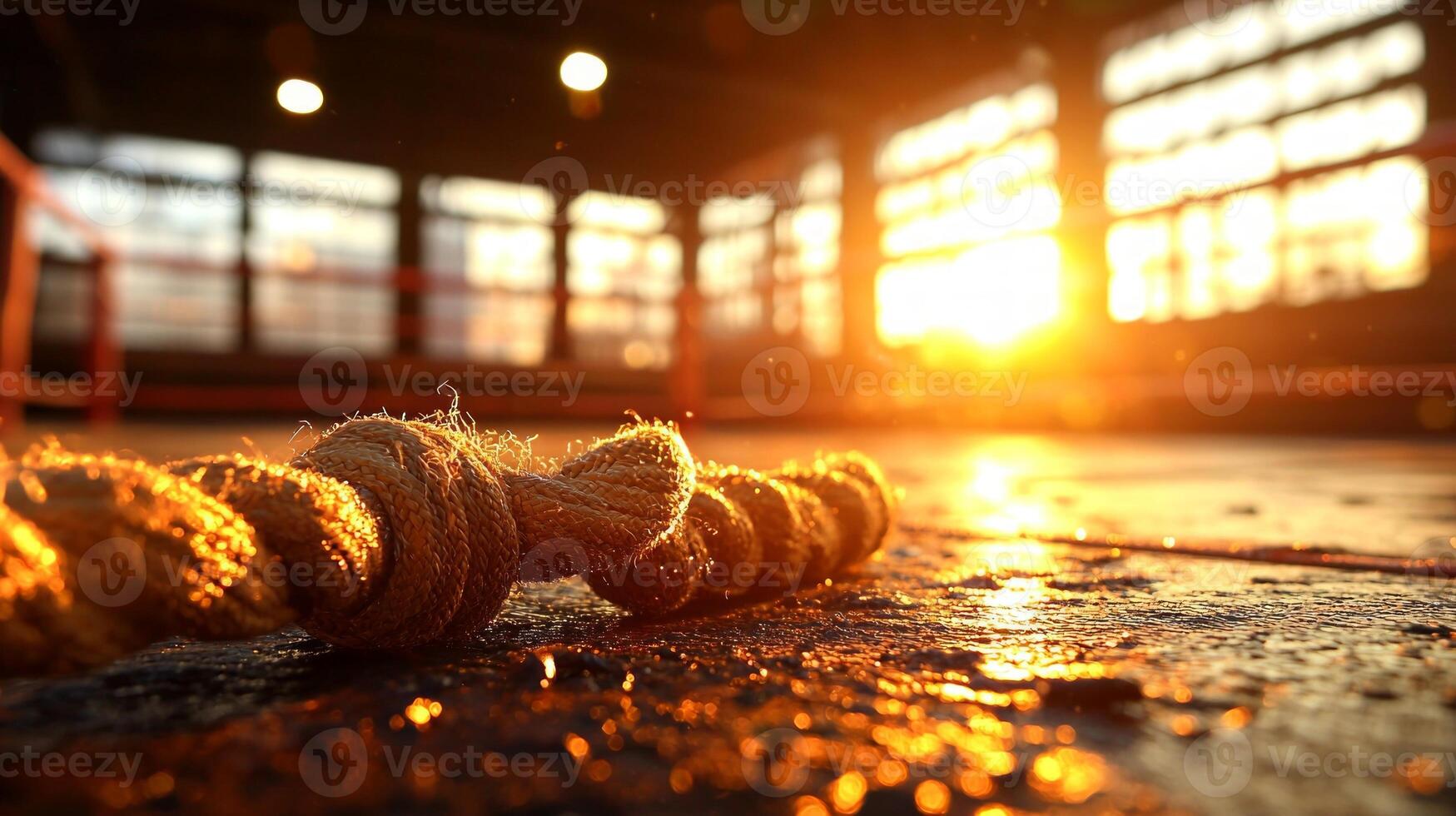 boxing ring stands empty sunrise warm golden light filtering through large windows. Ropes glisten enhancing calm and reflective ambiance of gym after intense training sessions photo