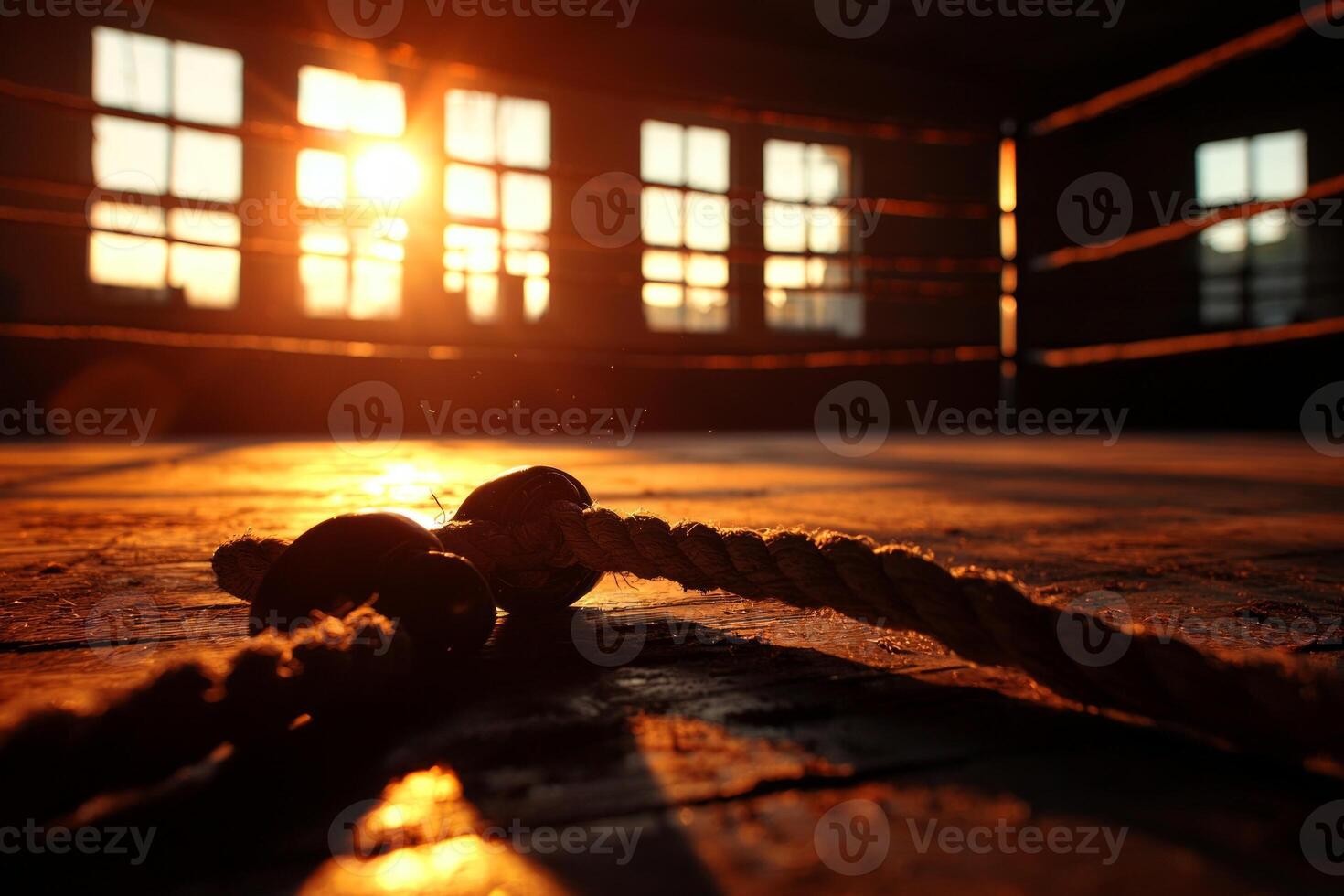 Dust particles float in air as sunlight filters through window illuminating empty boxing ring its worn canvas and tall ropes suggesting quiet moment in energetic space photo