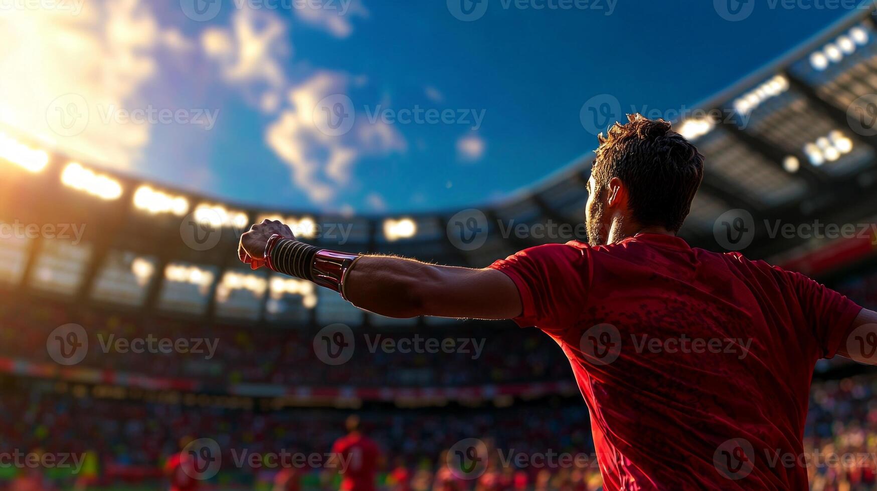 Asian para athlete showcases strength and determination while throwing discus lively stadium. Sunlight enhances glow on her prosthetic arm highlighting her athleticism photo