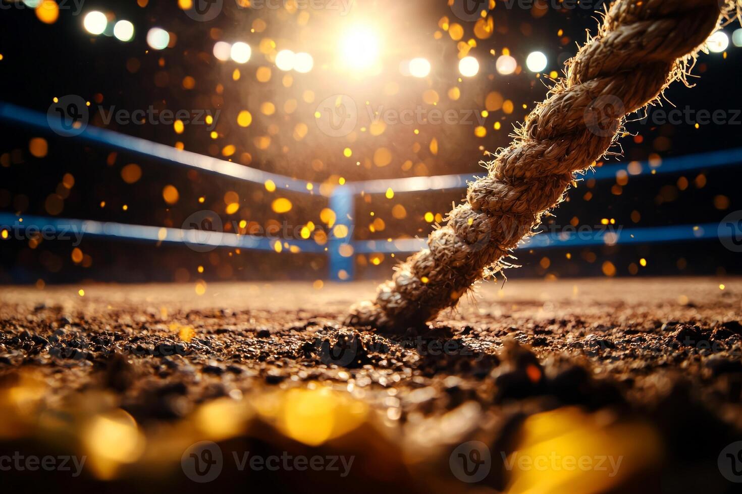 empty boxing ring is captured from low angle emphasizing worn canvas and towering ropes. Dust particles dance in warm light filtering through window creating nostalgic atmosphere photo