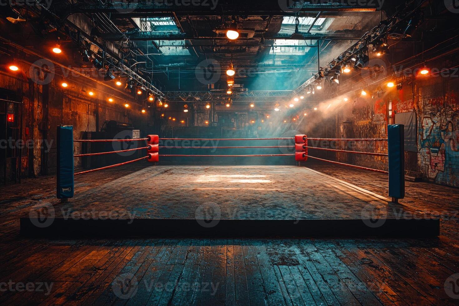 Ceiling lights illuminate empty boxing ring creating dramatic shadows and reflections on polished wooden floor. setting evokes dark and moody ambiance photo