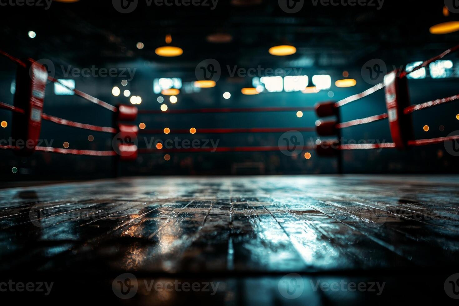 Ceiling lights cast striking shadows on empty boxing ring highlighting polished wooden floor below. environment has dark and moody atmosphere evokes anticipation photo