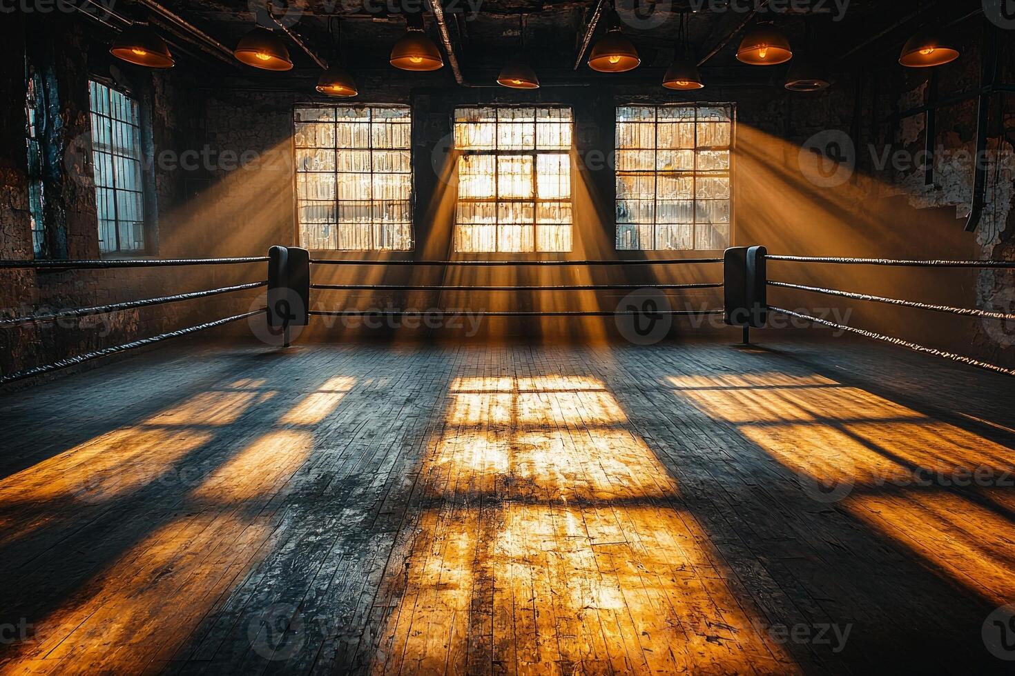 Ceiling lights cast dramatic shadows across empty boxing ring polished wooden flooring. atmosphere is dark and moody evoking sense of anticipation photo