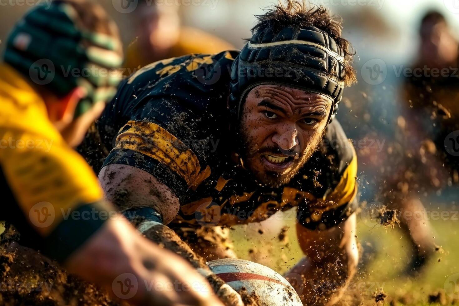 Hispanic rugby player prosthetic arm fiercely tackles opponent amid cloud of dirt on grassy field during intense match showcasing athleticism and determination photo