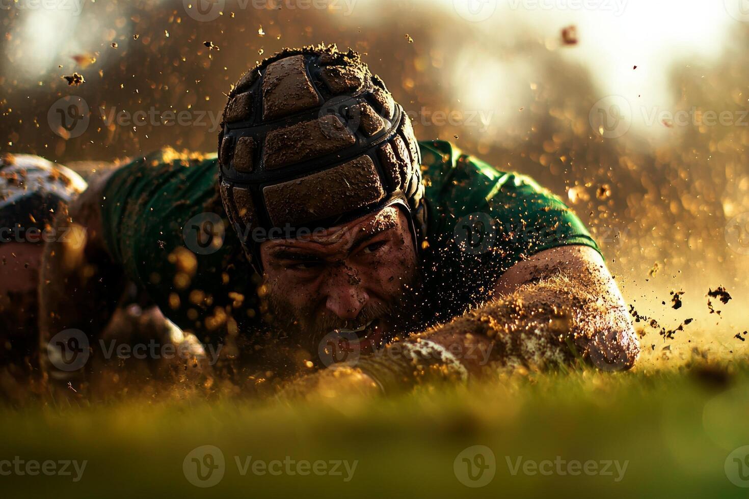On grassy field Hispanic rugby player prosthetic arm executes powerful tackle against opponent photo