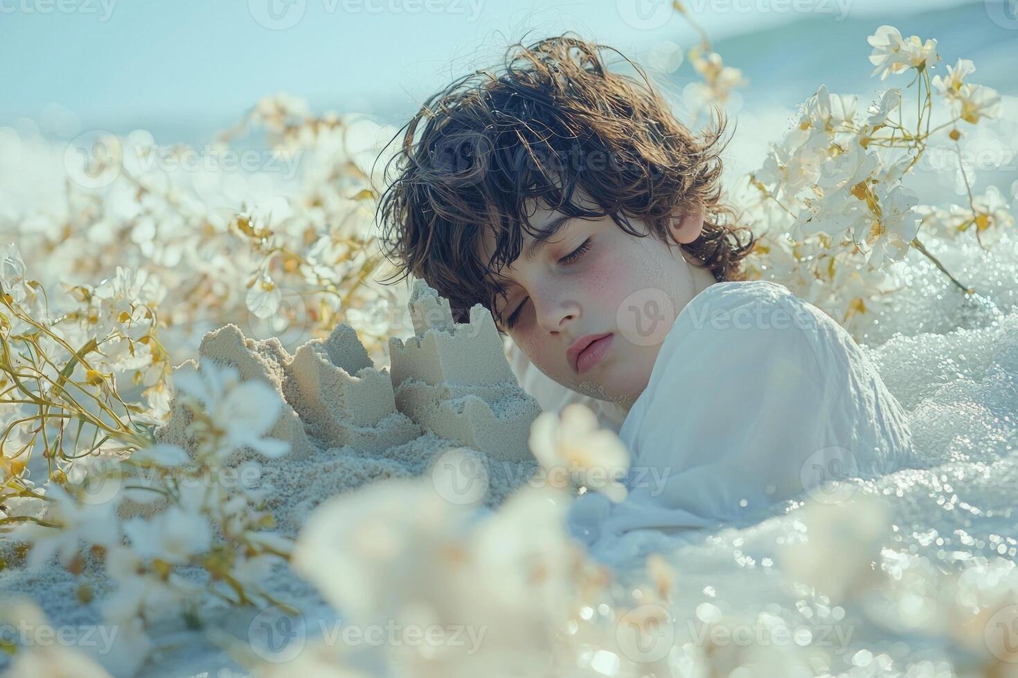 Middle Eastern boy is immersed in creating sandcastle on beach as gentle waves crash in background. Soft morning light illuminates scene enhancing serene atmosphere photo